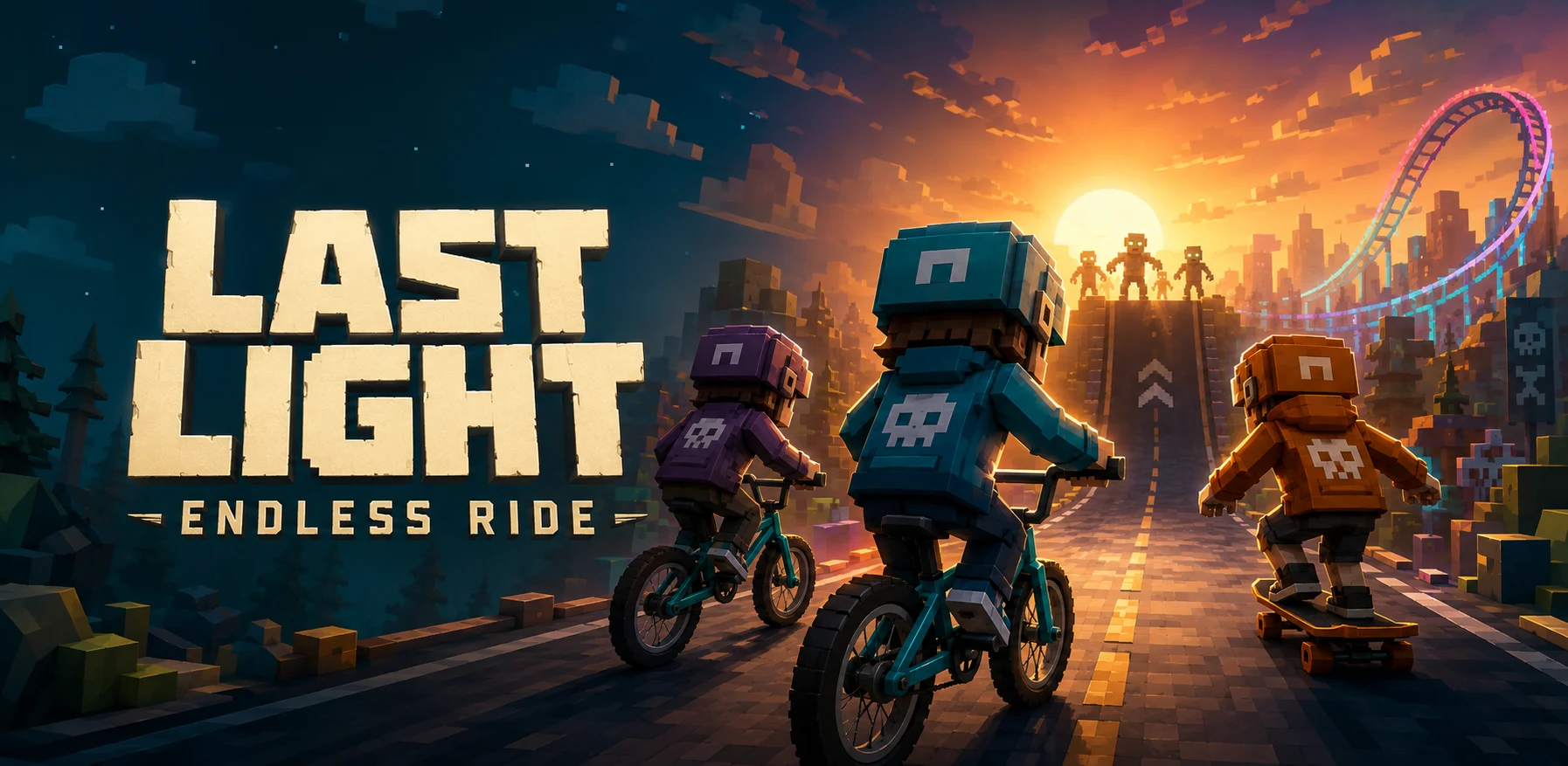 Original Last Light artwork showing a helmeted crew on bikes and a skateboard, riding through a ruined street toward a golden sunset and a looping neon road.